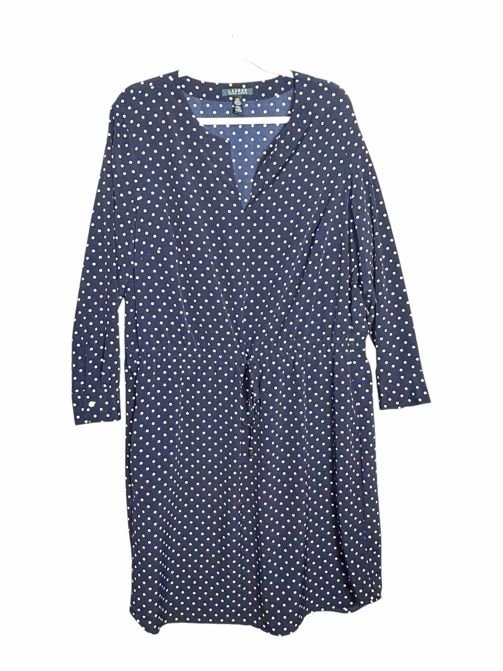 Ralph Lauren LRL Dress 14W Tie Cinch Waist Blue Polka Dots Pockets Shirttail Hem
